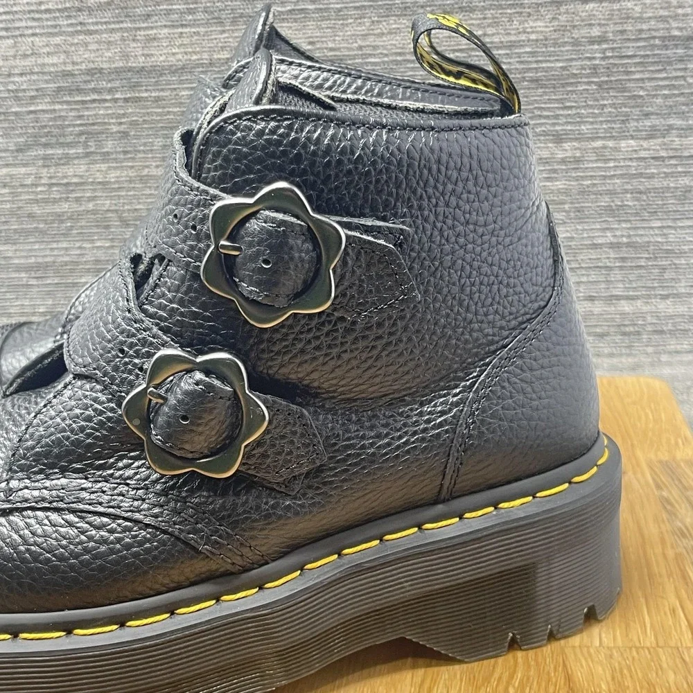 Dr. Martens Devon FLWR‎ Shoes Women 8 Black Leather Platform Buckle Flower NEW